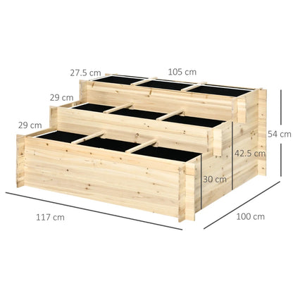 3 Tier Raised Garden Bed, Fir Wood Elevated Planter Flower Box with 9 Grow Grids and Non-woven Fabric for Vegetables, Flowers and Herbs - 376L