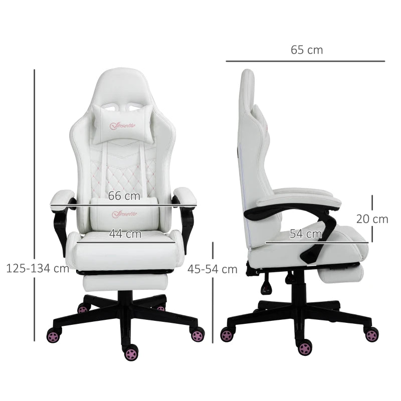 Faux Leather Recliner Racing Gaming Chair with Swivel Wheel Footrest - White / Pink Contrast Stitch