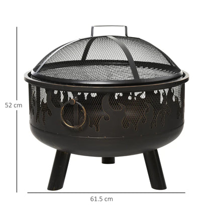 2-in-1 Metal Bonfire Firepit Bowl with Lid, Grill Tray and Poker with Flame Style Print