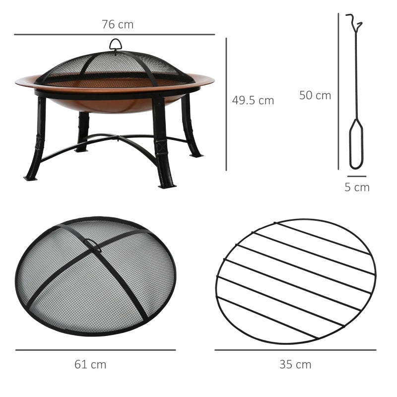 76cm Large Firepit Bowl / Round Fire Pit with Lid, Log Grate and Poker