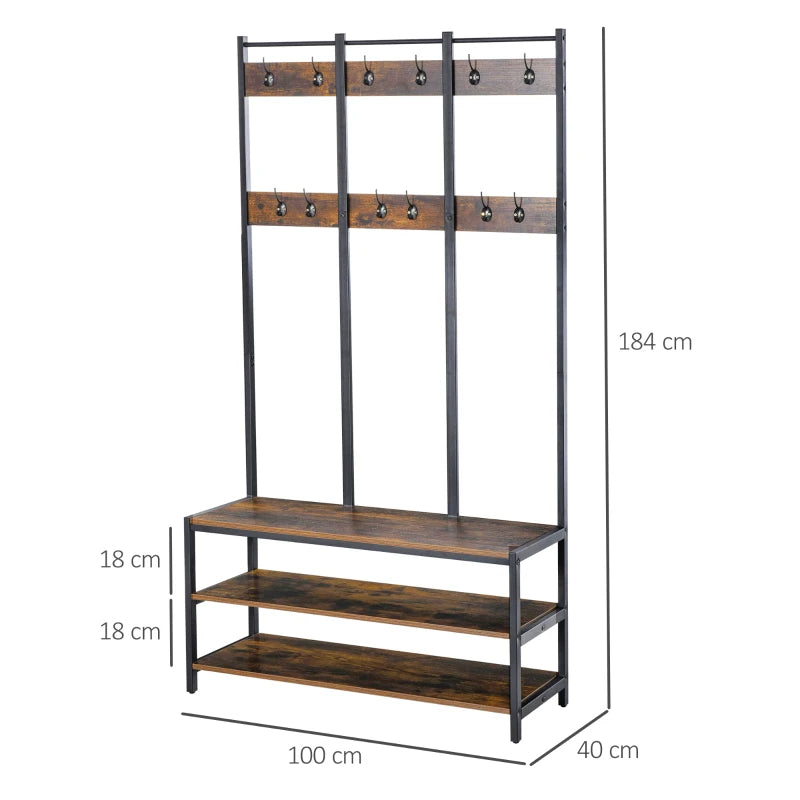 Large Industrial Style Coat Rack with 12 Hooks and 3-Tier Storage Shelving / Bench