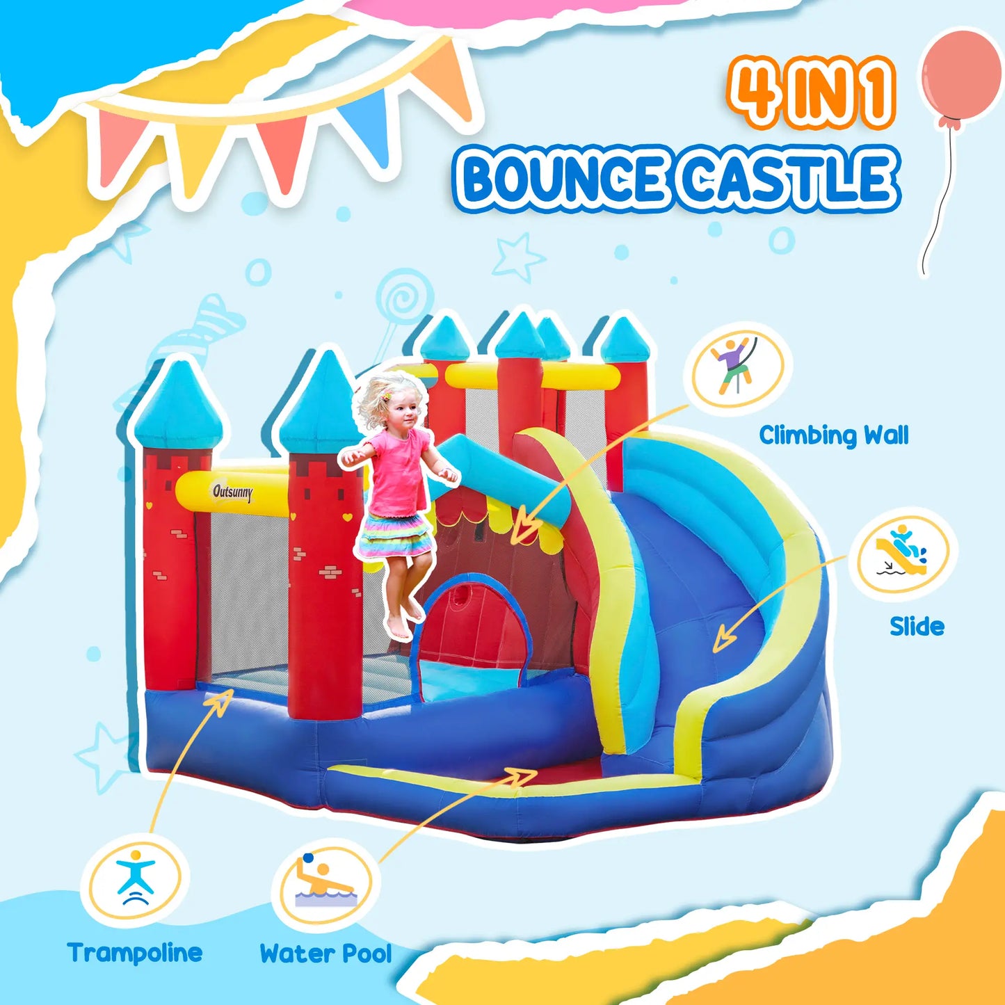 Kids Bouncy Castle with Climbing Wall, Trampoline, Paddle Pool and Slide