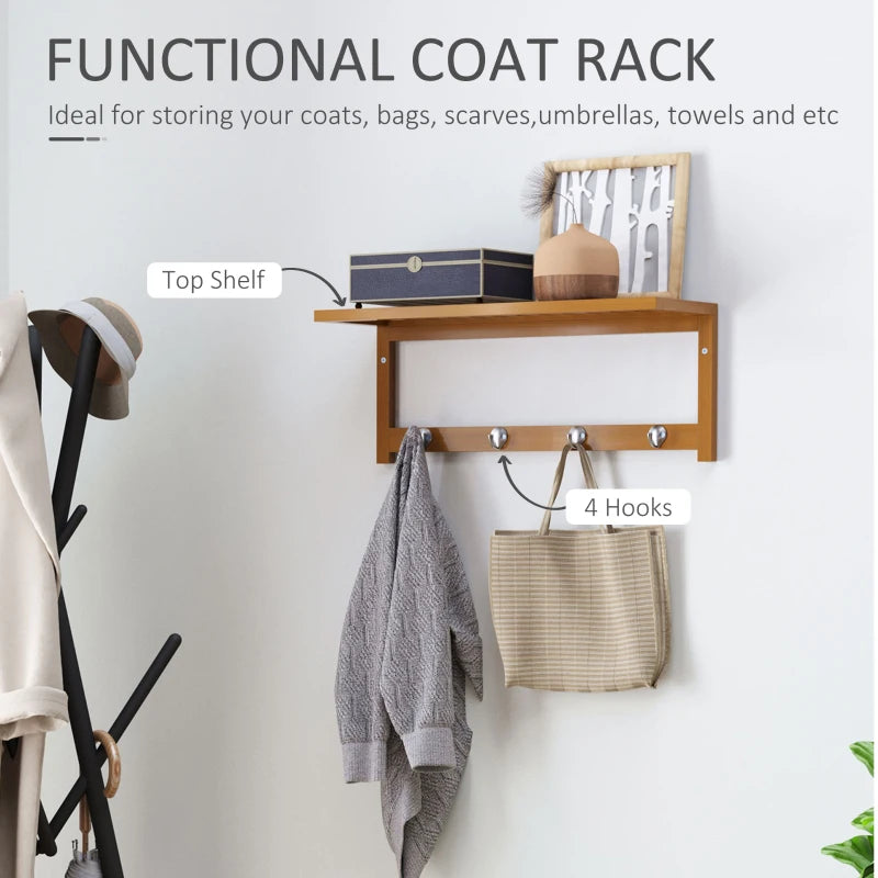 Small Space Saving - 4 Hook Wall Mounted Coat Rack with Top Display Shelving