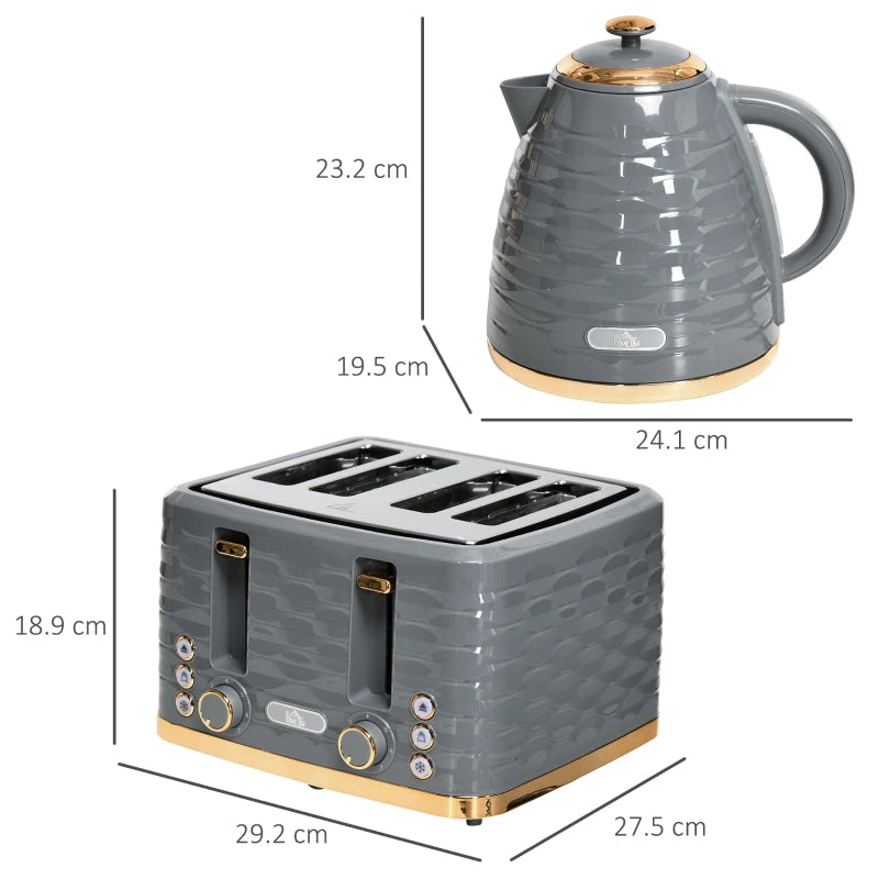 Kettle (1.7L) and Toaster Set with 7 Browning Controls and Crumb Tray (4 Slice) - Grey / Gold