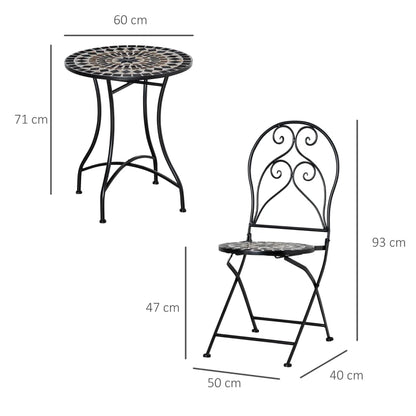 3-Piece - Metal Frame Garden Bistro Set with Mosaic Seat and Table Tile Top - Coffee Table and 2 Folding Chairs