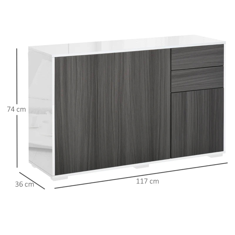 High Gloss Push-Open Design Storage Cabinet with Large & Small Cupboard and 2 Flatbed Drawers - White / Grey