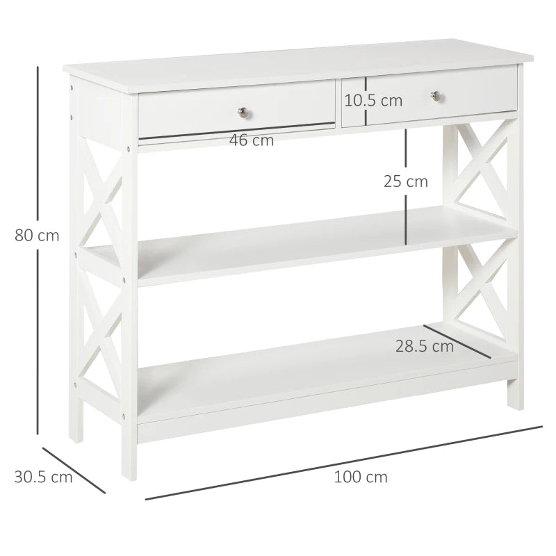 Side Console Table with Open Style Shelving and 2-Drawers - White