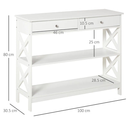 Side Console Table with Open Style Shelving and 2-Drawers - White