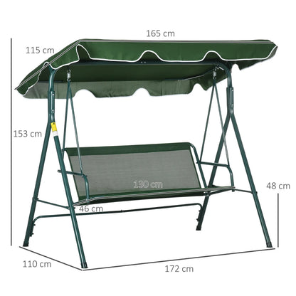 3-Seater Swing Chair with Adjustable Overhead Sun Protection Canopy - Green / White Stripe