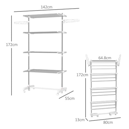 4-Shelf Collapsing Clothes Horse / Airer with Side Arms and Wheels