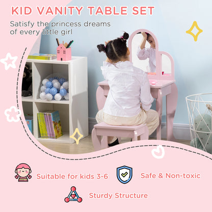 Kids Vanity Mirror Dressing Table with Chair and Drawer Storage - Pink