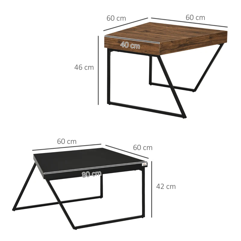 Two-Tone Wood Effect & Black - Nesting Coffee Table Set with Steel Frame