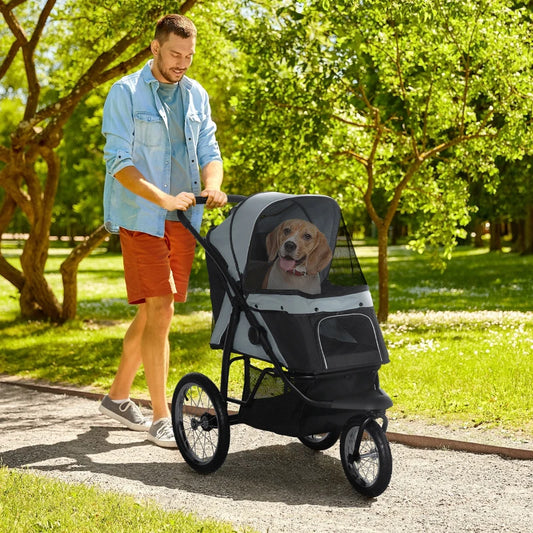 Pet / Dog Stroller - Buggy Pram with Three Wheels, Canopy and Under Netting Storage Compartment - Grey