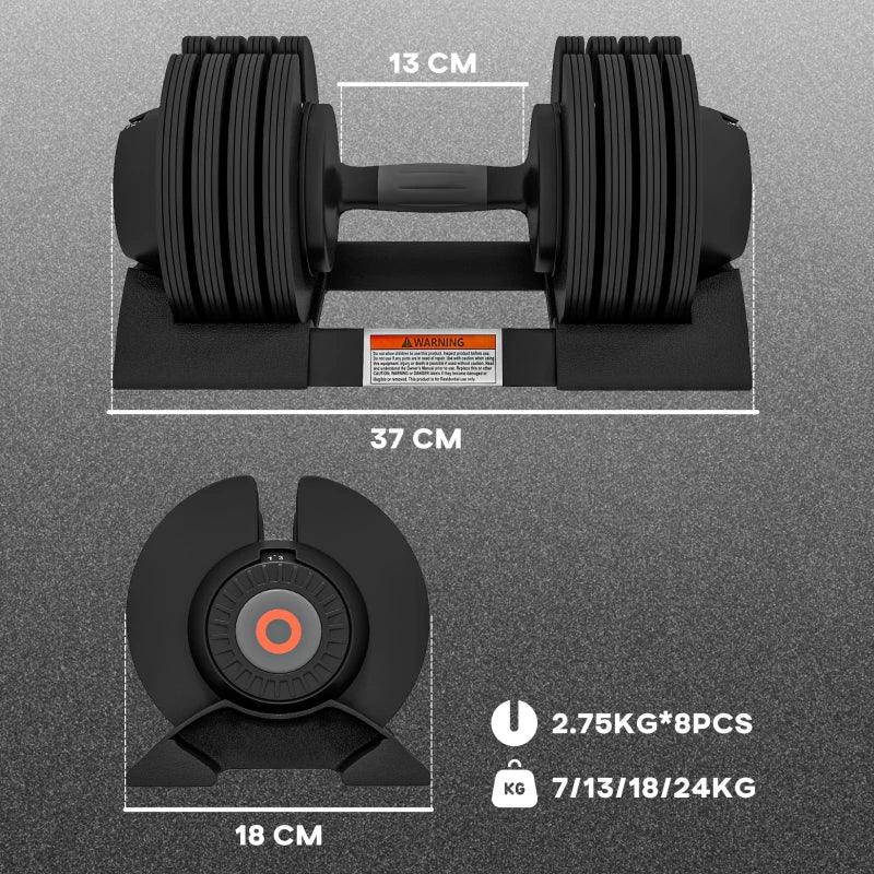 Smart Adjustable Dumbbell Set, 7kg, 13kg, 18kg, 24kg with Storage Tray