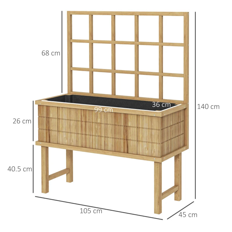 Raised Wooden Garden Planter with Back Trellis - Natural Wood Effect