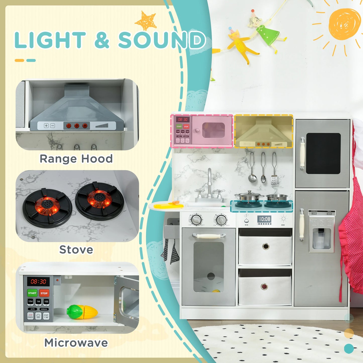 Toy Kitchen Playset with Lights, Sounds, Apron - White