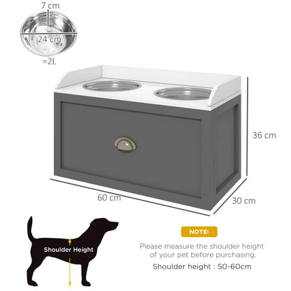 Raised Dog Feeder with 2 Stainless Steel Bowls & 21L Storage Drawer - Grey