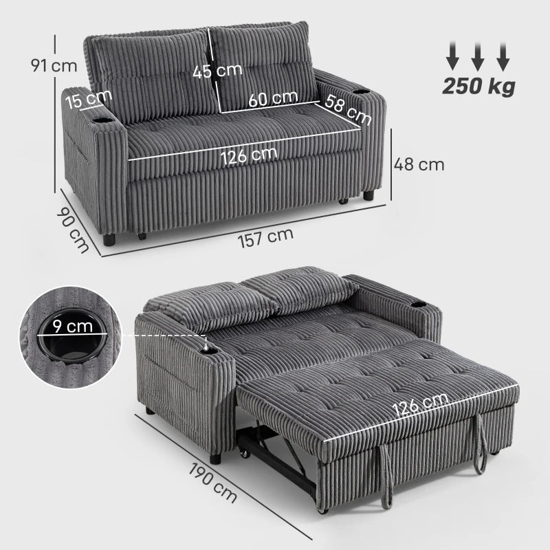 2 Seater Corduroy Sofa bed with Pull-out Design, Cupholders and Side Storage Sleeves - Charcoal Grey