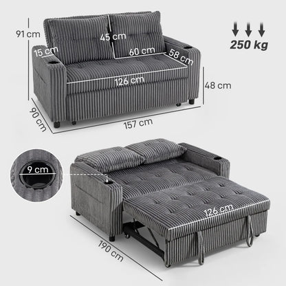 2 Seater Corduroy Sofa bed with Pull-out Design, Cupholders and Side Storage Sleeves - Charcoal Grey