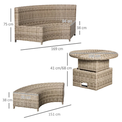 5-Piece - Rattan Round Garden Daybed with Cushions and Lift-table for Dining