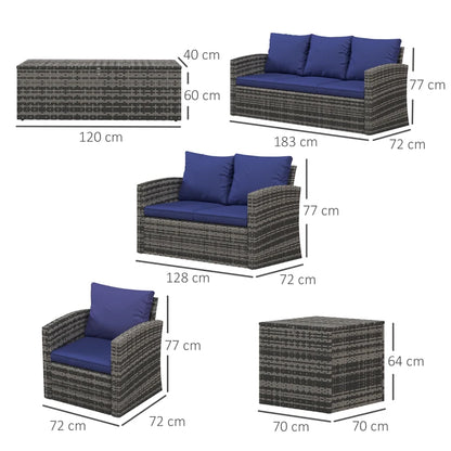 Outdoor Rattan Wicker Garden Furniture Set with Storage Table and Cushions - 6 Pieces - Navy Blue