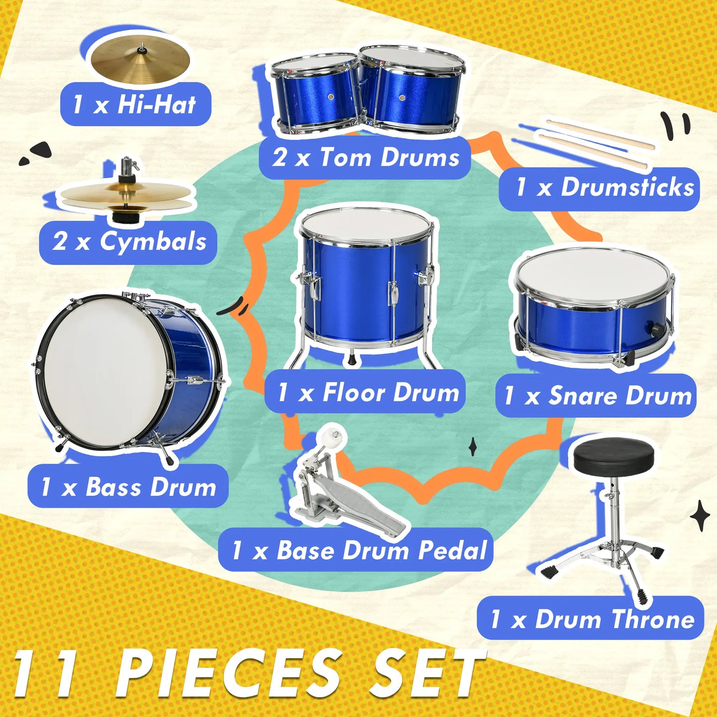 11 Piece Kids Drum Kit / Set with Stool and Drumsticks Included