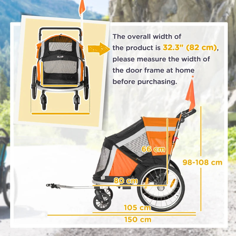 2-in-1 - Dog Bike Trailer / Pet Stroller with Safety Leash and Hitch Coupler - Orange