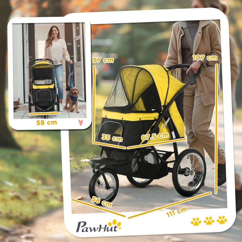 Pet / Dog Stroller - Buggy Pram with Three Wheels, Canopy and Under Netting Storage Compartment - Yellow