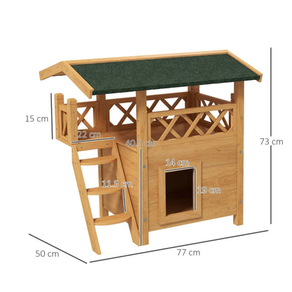 Cat House with Roofed Balcony Area & Stairs and Under House - Natural Wood