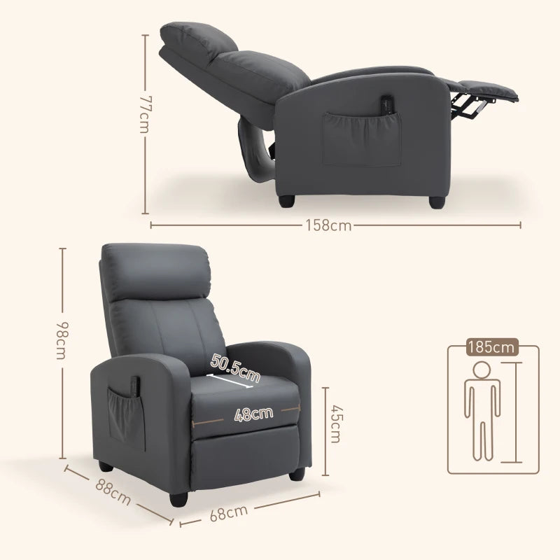 Reclining Massage Function Faux Leather Armchair with Adjustable Leg Rest & Side Pocket - Grey