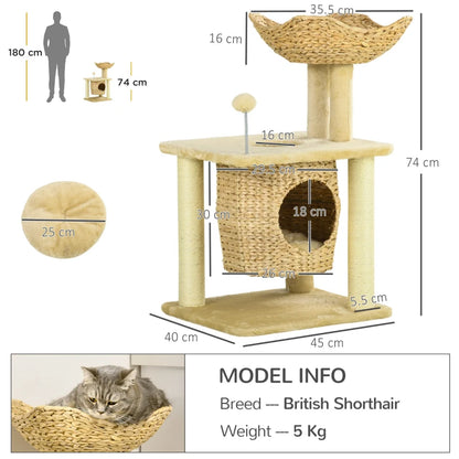 Small Cat Tree with Scratching Post, Cat House, Top Bed and Toy Ball