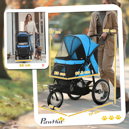 Pet / Dog Stroller - Buggy Pram with Three Wheels, Canopy and Under Netting Storage Compartment - Blue