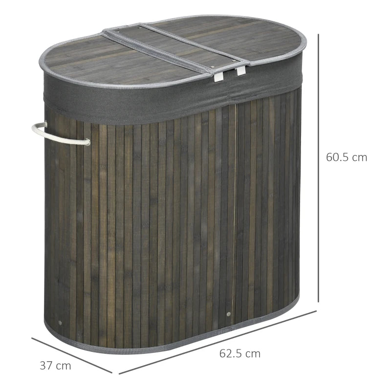 100L - Dual Section Lights & Darks - Bamboo Laundry Hamper with Removable Washing Lining - Grey