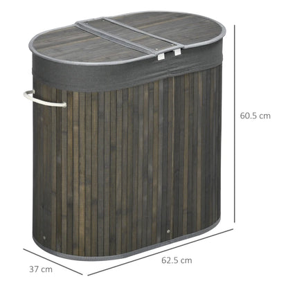 100L - Dual Section Lights & Darks - Bamboo Laundry Hamper with Removable Washing Lining - Grey