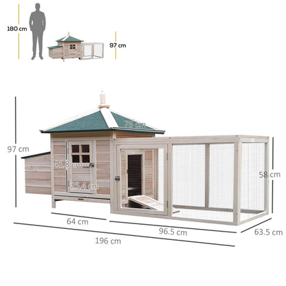 Large Chicken Coop with Outdoor Yard Run and Nesting Boxes - Natural Wood / Green