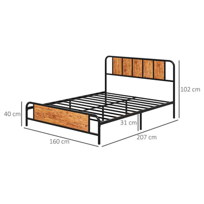 Farmhouse Style King Size Bed Frame with Steel Slat Support and Rustic Wood Panels