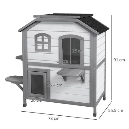 2-Story Cat Mansion with Openable Roof, Jumping Platforms and Front Door - White