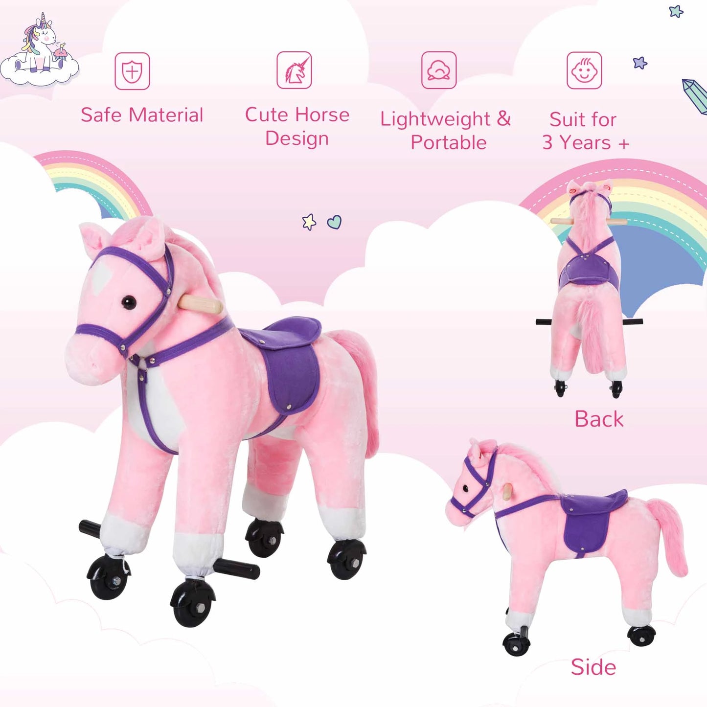 Small Ride on Horse with Wheels or Manual Movement and Sound Effects - Pink