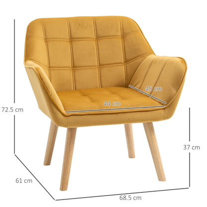 Wide Slanted Back Armchair with Padded Cushion, Iron Frame & Wooden Legs - Yellow