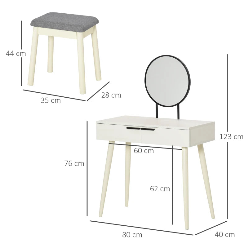 Dressing Table with Black Tone Bezel Circular Vanity Mirror and 2-Drawer Storage