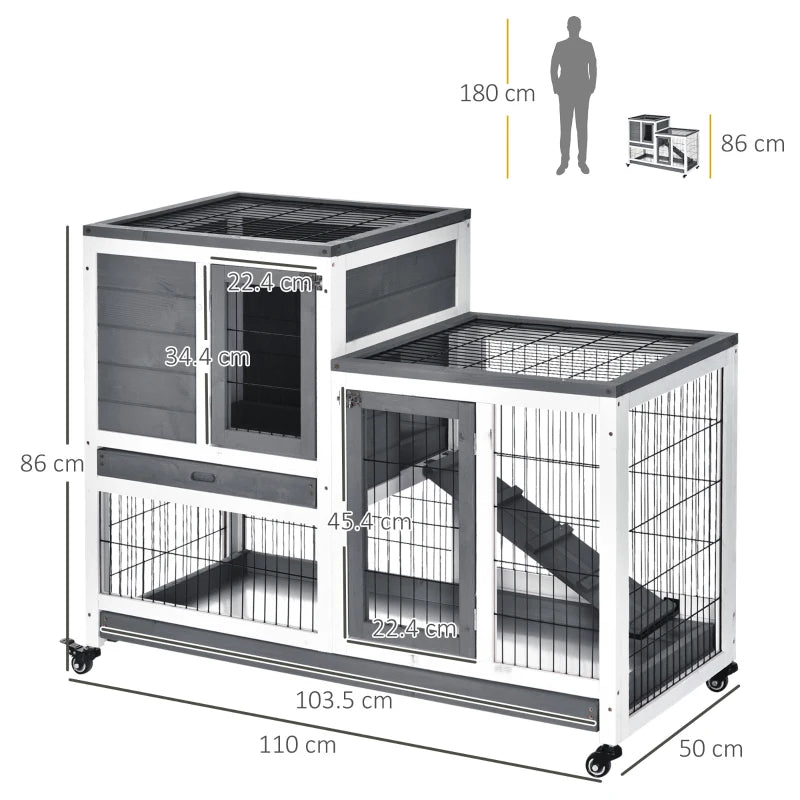 2-Tier - Wooden Rabbit Hutch on Wheels with Enclosed Run - Grey