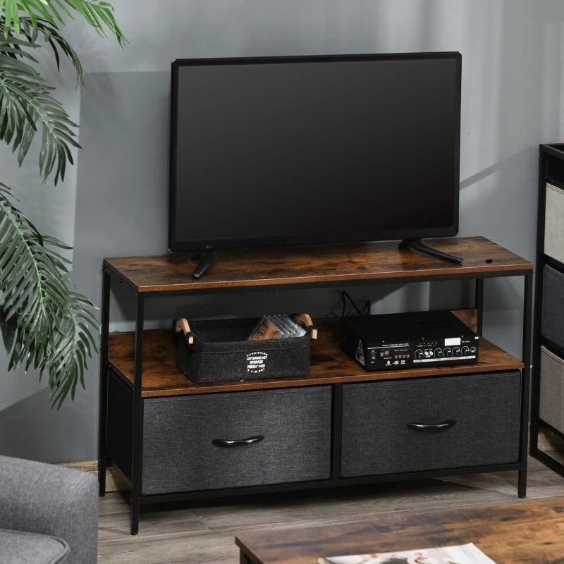 Dark Oak Style Compact TV Stand / Media Centre Unit with 2 Foldable Linen Drawers & Shelving