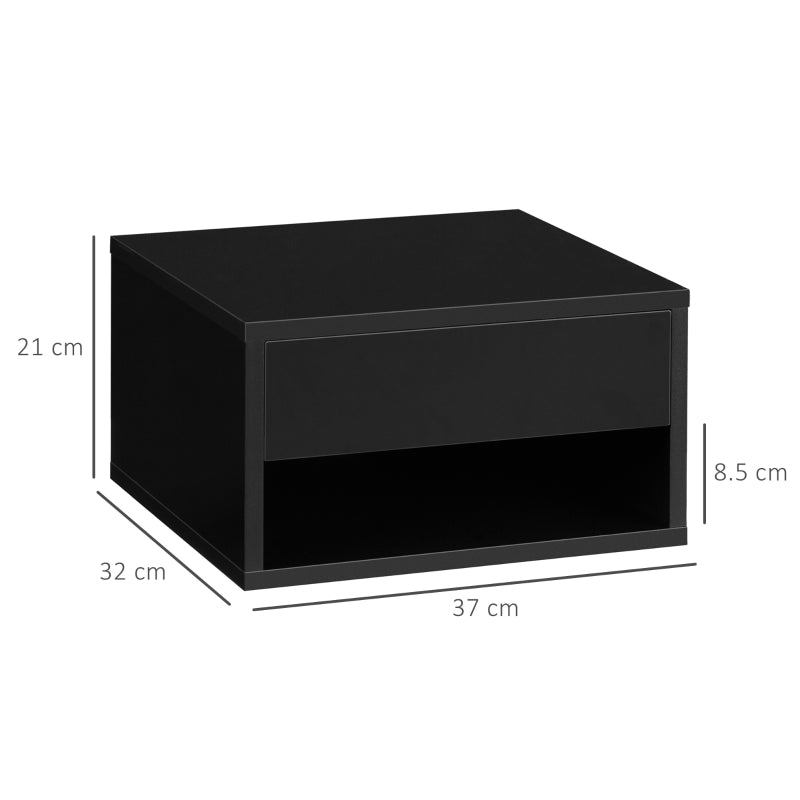 Set of 2 Bed Side Table - Wall Mounted with Drawer & Underneath Shelf - High Gloss Black