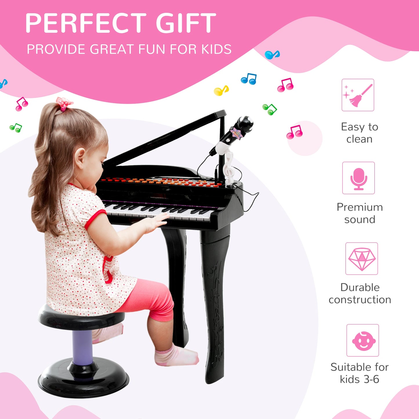 Mini Electronic Piano with Stool and Microphone Stand - Black