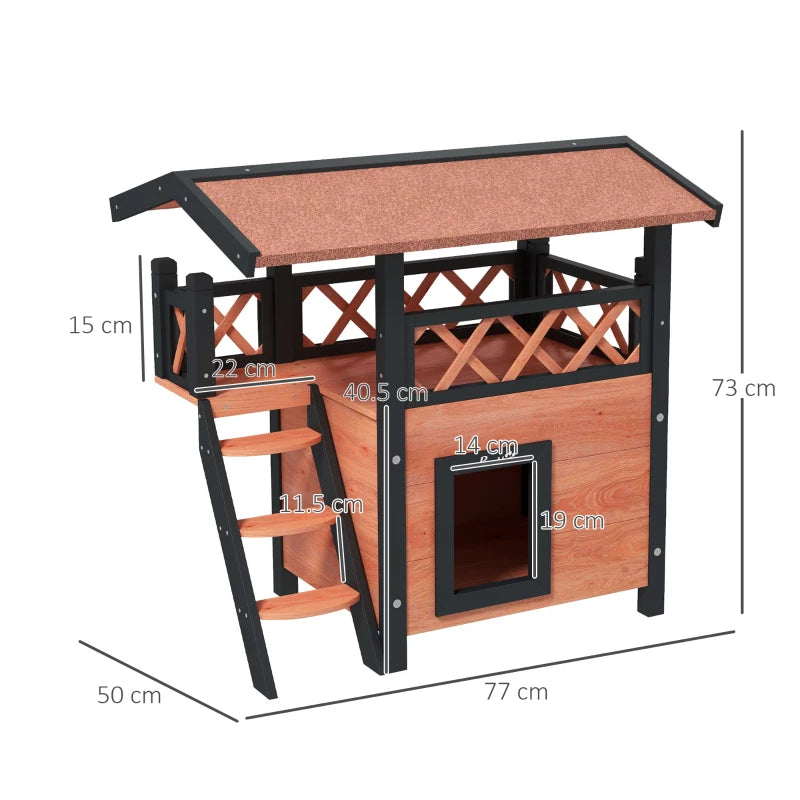 Cat House with Roofed Balcony Area & Stairs and Under House - Brown