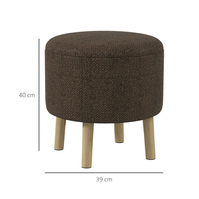 Round Linen Look Cushioned Top Storage Footstool / Ottoman with 4 Wooden Feet - Brown