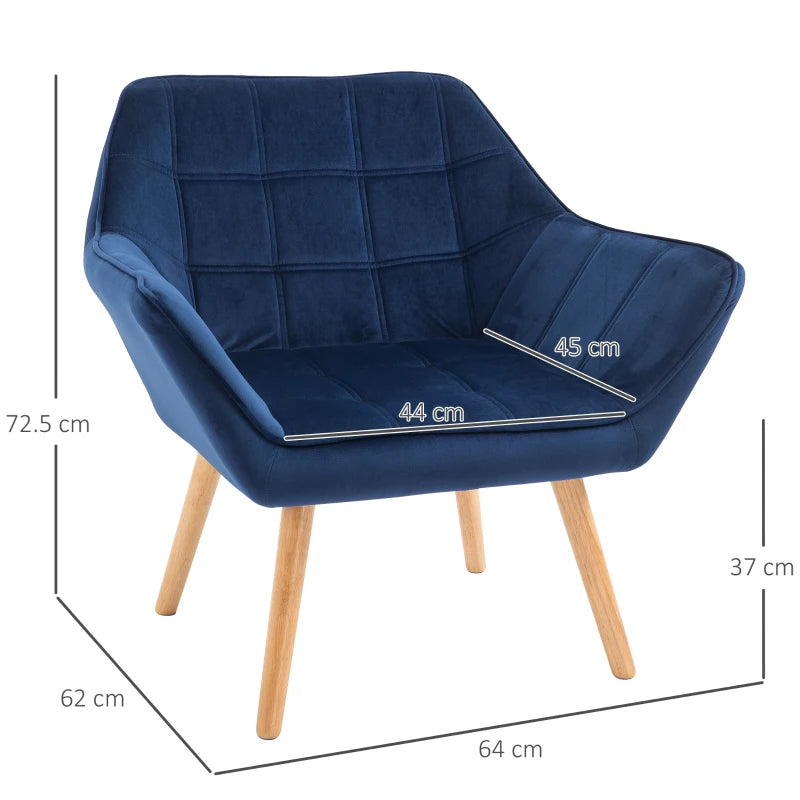 Wide Slanted Back Armchair with Padded Cushion, Iron Frame & Wooden Legs - Navy