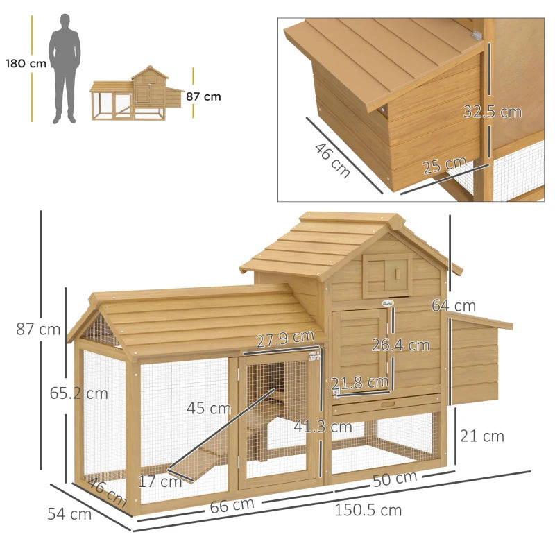 Small 2-Tier Chicken Coop with Ramp, Outdoor Yard and Nesting Box - Natural Wood