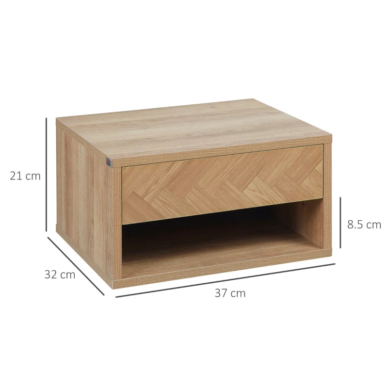 Set of 2 Bed Side Table - Wall Mounted with Drawer & Underneath Shelf - Wood Effect