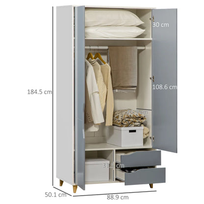 Modern Wardrobe with Handle Cut Outs, Hanging Rail, Underneath Storage Section and 2-Pull Out Drawers - Grey / White